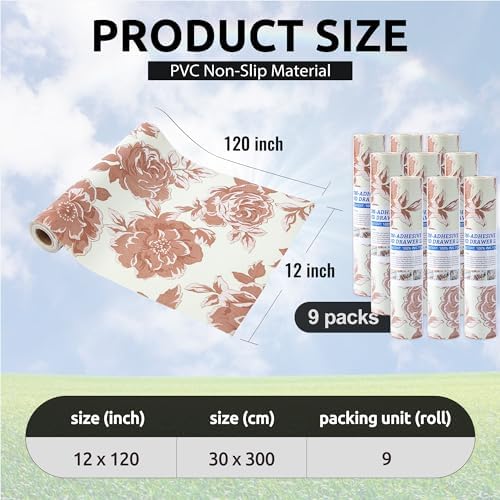 FIFTY FEET 12X120 Inch Shelf Liner for Kitchen Cabinets, PVC Drawer Liner for Dresser Non-Slip Bathroom, Non-Adhesive Cabinet Liner Washable (Red Flower)(9 Roll) - Image 3