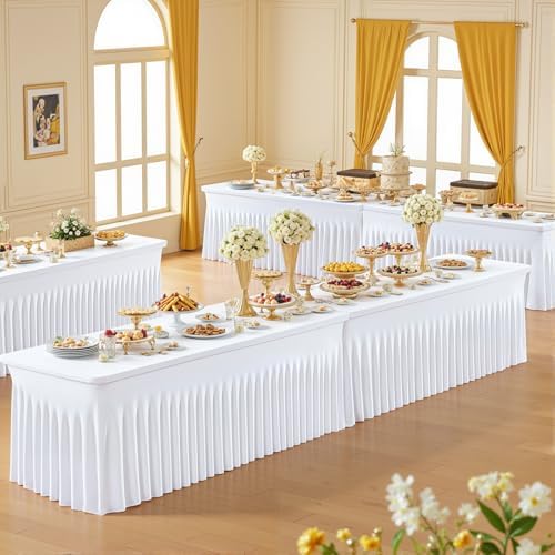 2 Pack 8ft White Spandex Tablecloths for Rectangle Tables Wrinkle Free White Rectangle Table Cloth Stretch Fitted 8 foot Table Cover with Skirt for Wedding Birthday Party Banquet Baby Shower Buffet - Image 5