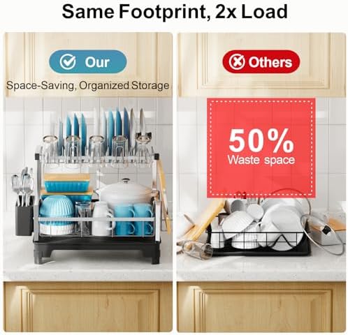 GSlife Stainless Steel Dish Drying Rack 2 Tier, Compact Dish Racks for Kitchen Counter with Cutting Board Holder, Auto-Drain Spout, Rust Proof Dish Drainer for Apartment, 21" L x 12.6" W, Silver - Image 5