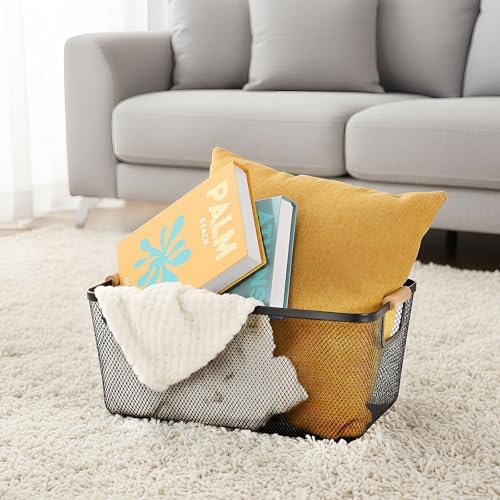 Ziliny 4 Pcs Mesh Wire Baskets for Organizing, Extra Large, Black | Metal Pantry Organizers with Wooden Handles, Storage Steel Bin, Kitchen Baskets for Fruit Potato Onion Snacks Bath Cabinet - Image 3