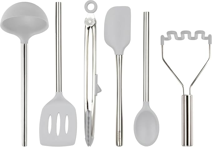 Tovolo Silicone Cooking Utensil Set of 6 Stainless Steel Handle Ladle Slotted Turner Tongs Flex Core Spatula Scraper Mixing Spoon & Potato Masher, Dishwasher Safe BPA Free Utensils, Oyster Gray by Tovolo
