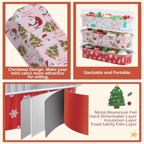 50Pack Mixcolor Christmas Mini Cake Pans with Lids and Spoons Mini Loaf Pans with Lids, 6.8Oz Aluminum Foil Pans Tins, Individual Dessert Cups Containers for Sales,Party,Picnics - Image 5