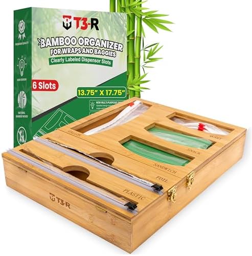 T3-R Bamboo Wrap Organizer - 6-in-1 Dispenser with Cutter for Sandwich Bags, Aluminum Foil, Wax Paper and Plastic Wrap by T3-RLLC