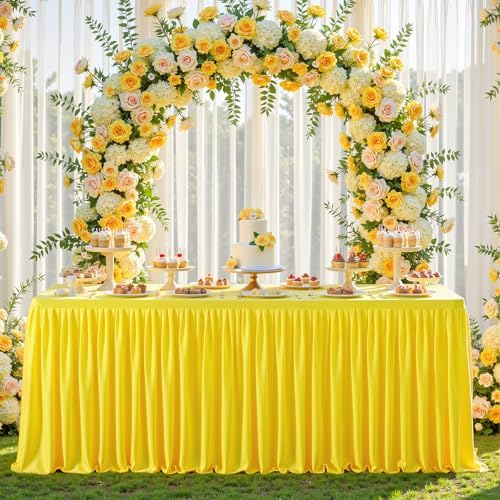 PARTISKY 6 Pack Yellow Tablecloths for Rectangle Tables 6ft, Wrinkle Resistant Spandex Table Cover Fitted Stretch Table Cloth with Pleated Ruffle Skirts for Party Banquet Dining Birthday Wedding - Image 4