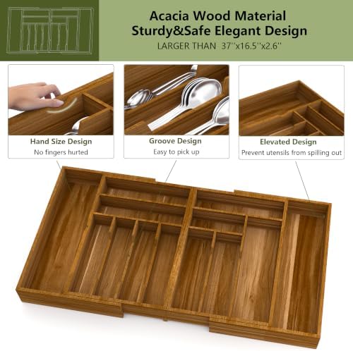 Suli Extra Large Silverware Drawer Organizer,Expandable 22in to 37in,Acacia | 2.6in Deep,13 Slot,Removable Design,Expandable Utensil Tray for Drawer,Big Adjustable Cooking Cutlery Flatware Holder,Brown - Image 7
