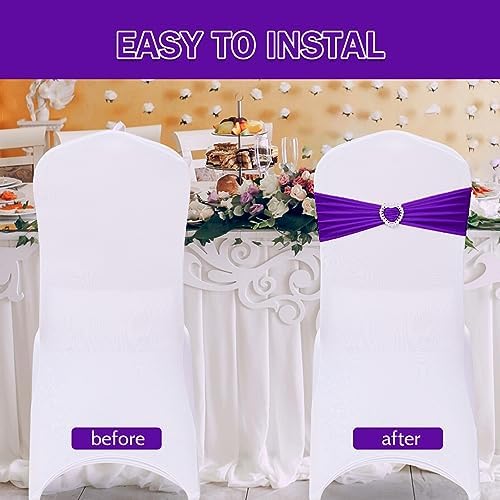 Pack of 30 Spandex Chair Sashes Bows Stretch Chair Cover Band with Buckle Slider Universal Elastic Chair Ties for Wedding Banquet Party Event Decoration (Purple) - Image 4