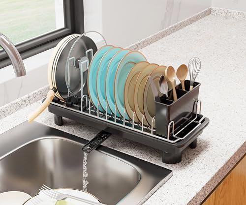 junyuan Compact Dish Drying Rack,Small Dish Rack for Kitchen Counter, Dish Drainer with 360° Rotatable Spout,Plate Rack, Dish Strainer with Cutlery Holder for Pots, Fork & Knives Space Saving by junyuan