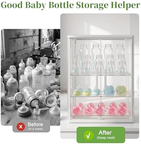 Reinforced Baby Bottle Organizer 3 Tier Baby Bottle Storage Organizer Clear Bottles Station for Countertop Double Magnetic Door Acrylic Large Bottles Container Cabinet Bin for Pacifiers,Pump X-Large - Image 7