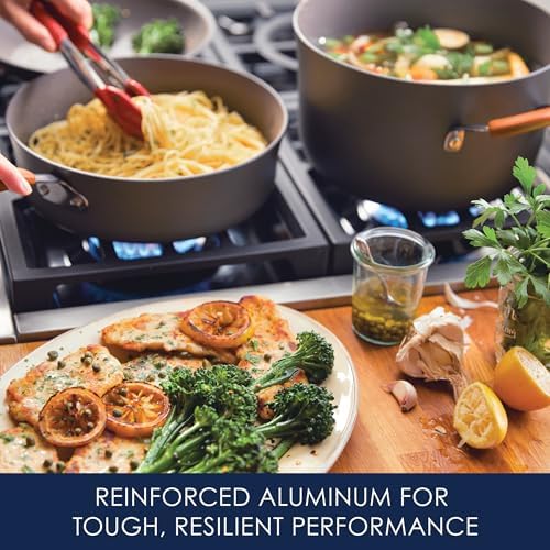 Rachael Ray Cucina Dishwasher-Safe Hard-Anodized Pots and Pans Set Non Stick Cookware, 12 Piece, Gray with Orange Handles - Image 4