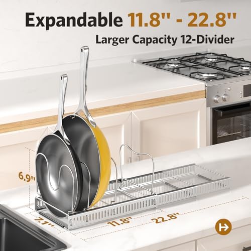 ORDORA Pots and Pans Organizer under Cabinet, 11.8-22.8" 12 Dividers Silver - Image 2