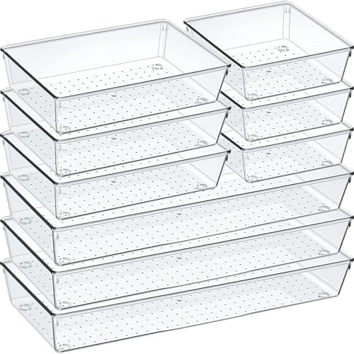 9 Pack Clear Plastic Drawer Organizer Set, Acrylic Non Slip Non Cracking Kitchen Drawer Storage Tray Large Size Divider, Multifunctional Storage for Cosmetics, Bathroom, Tools, Kitchen and Office by Criusia