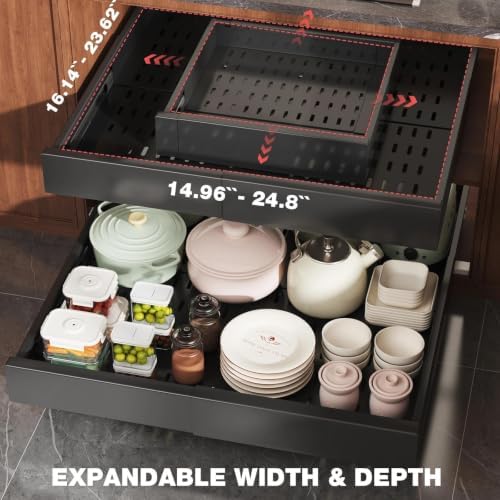 Seinloes 4 Pack Pull Out Cabinet Organizer Expandable Width(15"-25") and Depth(17"-24"),Slide Out Drawers With Raising Pad for Framed Cabinets,No Drill Roll Out Shelves for Kitchen,Bathroom,Black - Image 2