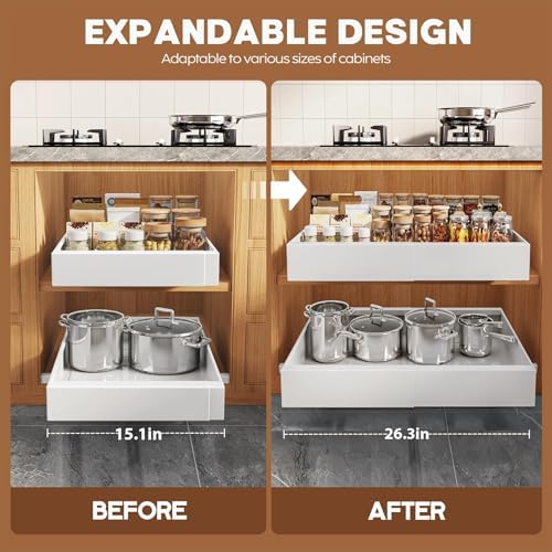 Seinloes 4 Pack Expandable (15.1"-26.3") Pull Out Cabinet Organizer 21" Deep With Raising Pad for Framed Cabinets,Upgrade 3 Slide Rails Slide Out Drawers,No Drill Roll Out Shelves Adhesive,White - Image 4