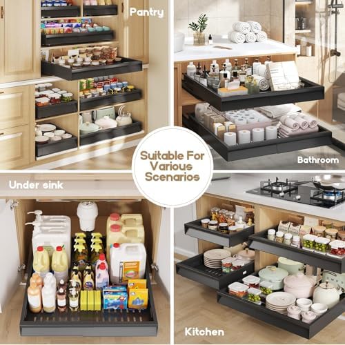 Seinloes Pull Out Cabinet Organizer, 4-Side Expandable to Fit Most Cabinets, 3 Rail Slide Out Drawers with Raising Pad for Framed & Frameless Cabinets, 13"-21" W x 17"-24" D, Black, 2 Pack - Image 7