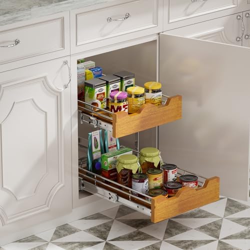 DINDON 2 Tier Pull Out Cabinet Organizer (14" W x 21" D) Slide Out Wood Shelf Double Tier Kitchen Wire Basket with Chrome Finish… - Image 2
