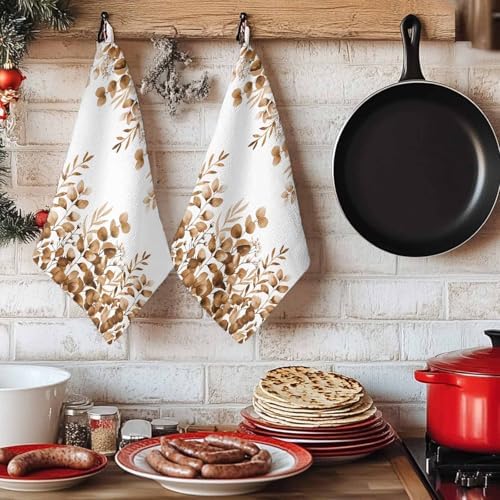 Brown Eucalyptus Kitchen Towels Set of 1, Absorbent Dish Towels for Kitchen, Botanical Summer Leaves Country Floral Microfiber Hand Towel, Quick Drying Tea Towel for Cleaning Decorative Dishcloths - Image 6