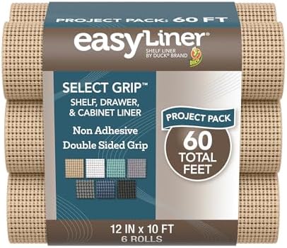 EasyLiner Select Grip Shelf Liner - Easy to Install & Cut to Fit - Non Slip, Non Adhesive, Drawer Shelf & Cabinet Liner for Kitchen, Bathroom, Pantry Cupboards, 12 in x 10 ft (6 Rolls), 60 ft, Beige by DuckBrand