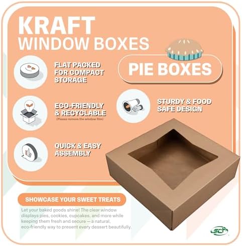 SCT Kraft Window Bakery Box (200 Quantity) 8x8x2.5, Automatic Bakery Carrier for Pies, Donuts, Pastries, Kraft with Clear Lid, 24013K - Image 3