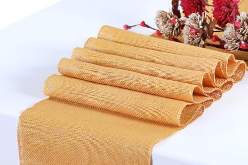 MDS® Pack of 20 Natural Burlap Table Runner, 12 x 108 Inch, Jute Rustic Farmhouse Boho Table Decor for Wedding Reception, Dining Table, Bridal Shower, Baby Shower & Party Decorations - Gold - Image 2