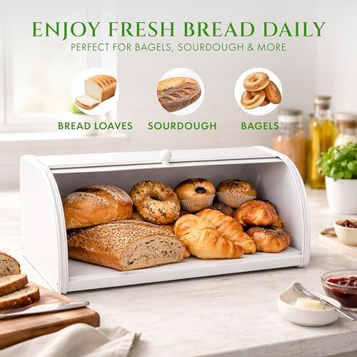 FINESSY Large Bread Box Roll Top, White Metal Bread Box For Kitchen Counter | Bread Box For Homemade Bread, Holds Two Loaves, Bagels & Muffins. White Metal Bread Box With Roll Top Lid 17.3 × 10.4 × 6.8 - Image 4