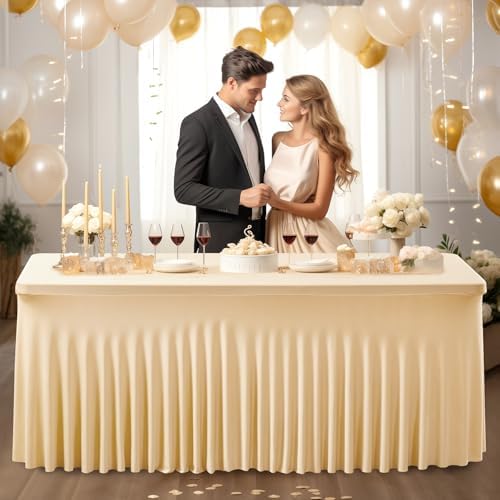 PARTISKY 2 Pack Champagne Spandex Table Cloths for Rectangle Tables 8ft, Champagne Table Skirt for Party, Table Cover with Skirt for Wedding Folding Table Banquet Baby Shower & Birthday Parties - Image 2
