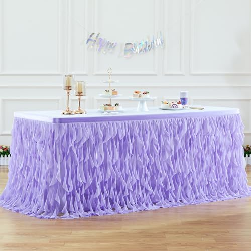 Partisky Lavender Purple Tulle Curly Willow Table Skirt for Rectangle Table 17ft, Ruffle Tutu Table Cloth for Girls Boys Baby Shower,Mermaid Birthday Party by Partisky