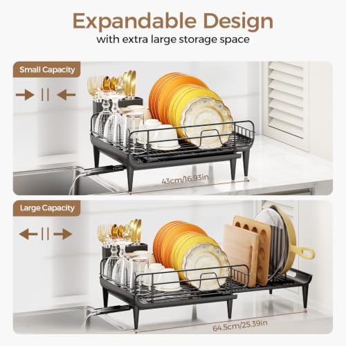 Extendable Dish Rack, Dish Drying Rack for Kitchen Counter, Foldable Dish Dryer Rack, Stainless Steel Dish Drainer Racks with Utensil Holder, Collapsible Dish Drying Racks Large Size,Black - Image 3