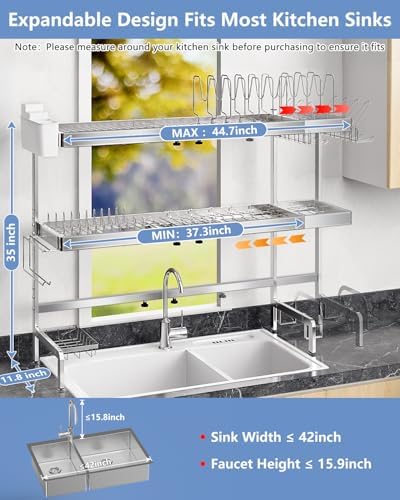 3-Tier Stainless Steel Over-the-Sink Dish Drying Rack, Expandable - Image 2