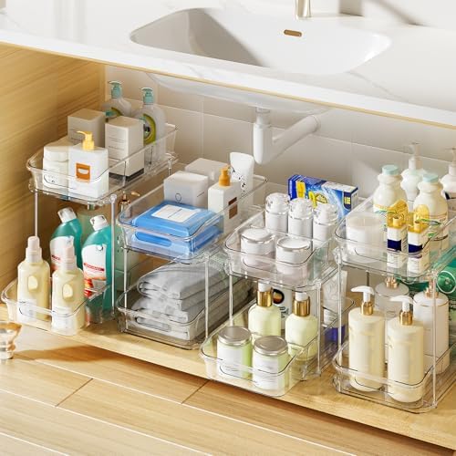 Delamu 2-Tier Under Sink Organizers and Storage, Multi-Purpose Stackable Bathroom Cabinet organizers, Pull Out Kitchen Pantry Organization and Storage with Dividers(4 Pack, Clear) by DELAMU