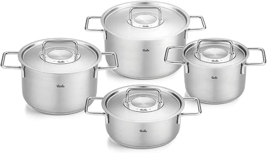 Fissler Pure Collection 4-Piece Stainless Steel Saucepan Set with Metal Lids (3 Saucepans and 1 Stewing Pot) Induction by Fissler