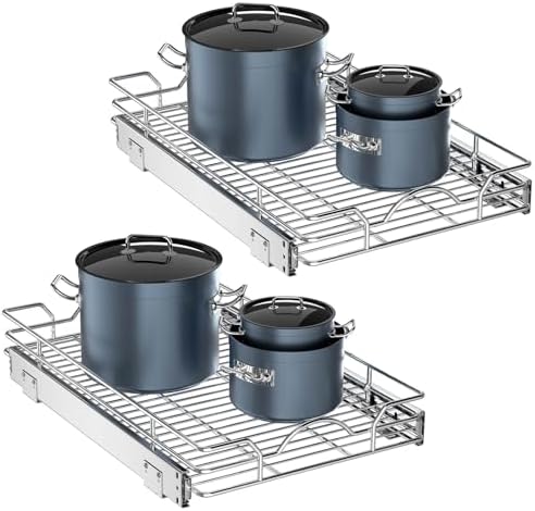 OCG Pull Out Cabinet Organizer 2 Pack (12" W x 21" D), Pull out Shelves 1 Tier, Cabinet Slide Out Shelves for Base Cabinet Organization in Kitchen Bathroom Pantry, Bottom Mount, Chrome Finish by OCG