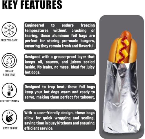 Aluminum Foil Hot Dog Bags, Grease-Resistant, 500 Pack | Hot Dog Wrappers for Chili Dogs, Sausages, Brats, Food Trucks, Concessions, and Takeout - Image 4