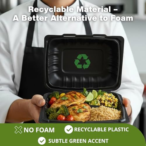 Front Lock MFPP Hinged Food Containers, 9" x 9" Black Vented Clamshell – 3 Compartment Disposable Takeout Boxes, Durable Microwaveable Containers for Restaurants & Food Service – 150 Pack - Image 2
