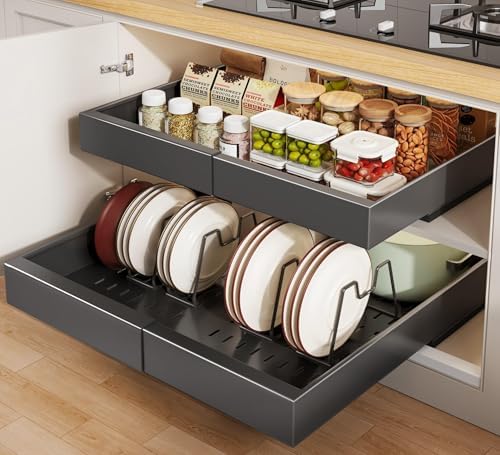 Seinloes 2 Pack Pull out Cabinet Organizer 21"Deep With Raising Pad for Framed Cabinets, Expandable Slide out Drawers for Kitchen Cabinets with 4pcs Divider Racks, Roll out Shelves 12.1"-20.4" W Black by Seinloes