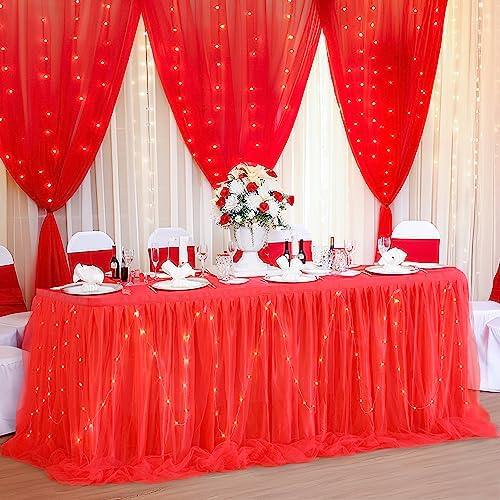 PARTISKY Red Tulle Tutu Table Skirt for Rectangle Tables or Round Table,Led Light String Table Cloth for Boys Girls Baby Shower Party Dessert/Cake Tables by Partisky