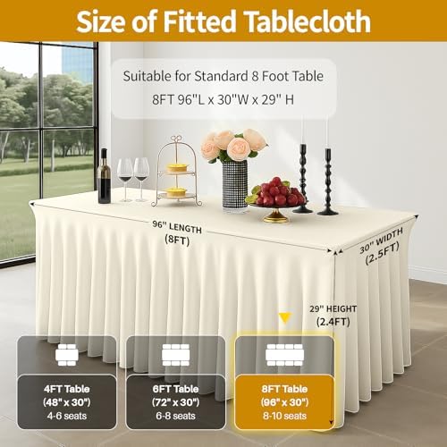 Deep Dream 4 Pack Ivory Spandex Fitted Tableclothes for 8 Foot Rectangle Tables, Wrinkle Free 8FT Fitted Table Cover, Stretch Tablecloth Table Skirt for Party, Banquet, Wedding and Events - Image 3
