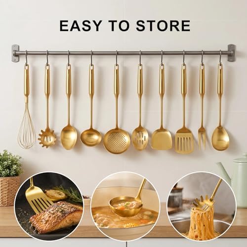 304 Stainless Steel Small and Large Spoons Set, Gold Cooking Utensils Set 12 PCS All Metal Kitchen Tools, stainless steel cookware set -Whisk, Fork, Tongs, Turner, Ladle, Spatula，Skimmer, Pasta - Image 5