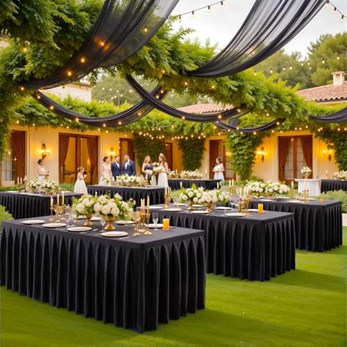 6 Pack Black Rectangle Tablecloth 8 FT Stretch Spandex Fitted Table Cloth for 8 Foot Rectangle Tables Banquet Tablecloths Wrinkle Free Table Cover Skirt Ruffle Tablecloth for Party Wedding Birthday - Image 4