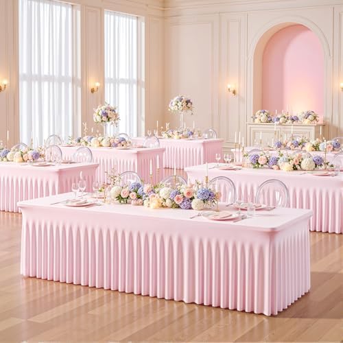 2 Pack 8ft Pink Spandex Table Cloths for Rectangle Tables Wrinkle Free Pink Rectangle Tablecloths Stretch Fitted Table Cover with Skirt for Baby Shower Girl Birthday Party Wedding Banquet Buffet - Image 4