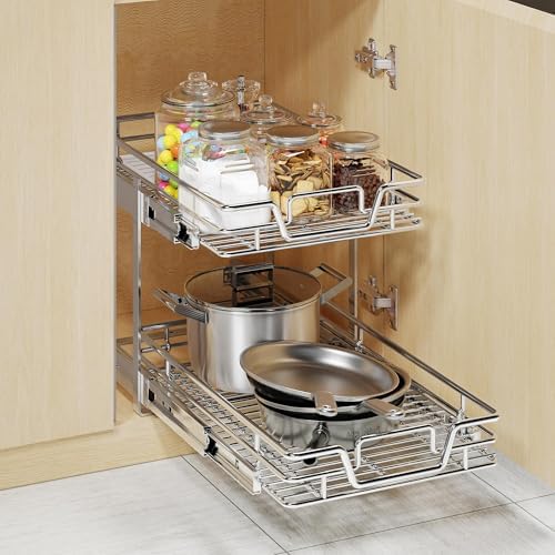 2-Tier Kitchen Cabinet Pull Out Shelf and Drawer Organizer Slide Out Pantry Storaqe Basket in Multiple Sizes (14" W x 21" D) - Image 3