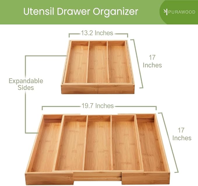Purawood Kitchen Drawer Organizer - Expandable Utensil Drawer Organizer for Kitchen, Cutlery Tray & Silverware Organizer, 3-5 Slots - Bamboo Organizer for Utensils & Flatware (Natural) - Image 3