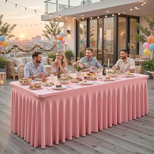 Wish Care 2 Pack Dusty Rose Spandex Table Clothes for 8 Foot Rectangle Tables, 8FT Wrinkle Free Fitted Tablecloths Ruffles Design Table Cloth for Party, Banquet, Wedding and Events - Image 4