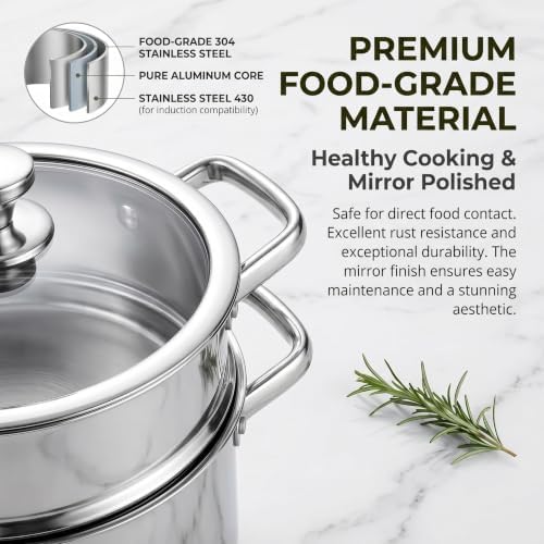 Stainless Steel Cookware Set, 16-Piece Pots and Pans Set Non Toxic, Kitchen Induction Cookware with Glass Lids, Steamer, Utensil Sets, Pot Protectors & Apron, Oven & Dishwasher Safe, Silver - Image 4