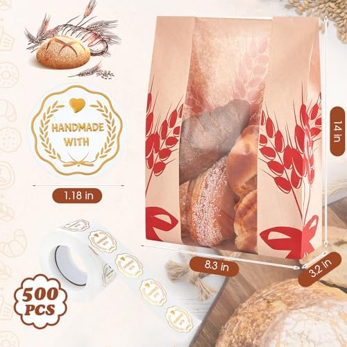 Gueevin 150 Pcs Kraft Paper Bread Bag for Homemade Bread Large Sourdough Loaf Bag with Clear Window Bakery Food Package Storage with 500 Pcs Sticker for Popcorn Cookies, 14x8.3x3.2'' - Image 2