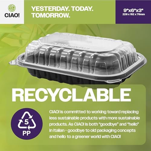 CIAO! 9"x6"x3" Polypropylene Black bottom with Clear Lid Hinged Container 1 Compartment Take Out Container, Microwavable, Recyclable and Reusable, (Case of 150) - Image 3