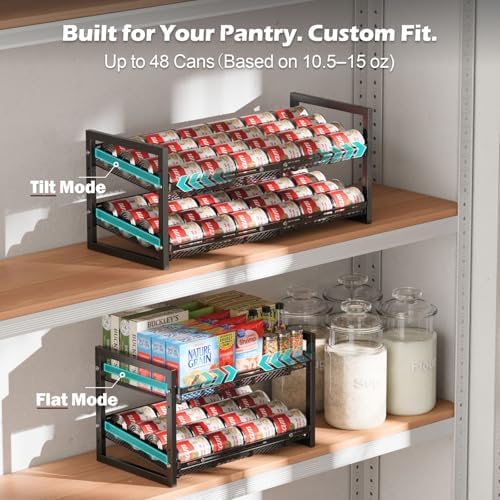 iSPECLE Can Storage Organizer Pantry - Expandable Width, Holds 96 Cans | Adjustable Width for Soda and Food Cans, For Pantry Shelf Storage & Easy Restocking, Self-Rolling Stackable Metal Rack - Image 4
