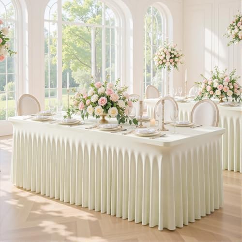 Besutolife 6 Pack Beige Spandex Tablecloth for 6ft Rectangle Tables Fitted Table Cloth Stretch Table Covers Skirt 6ft Rectangular Tablecloths for Banquet Parties Wedding Decorations - Image 4