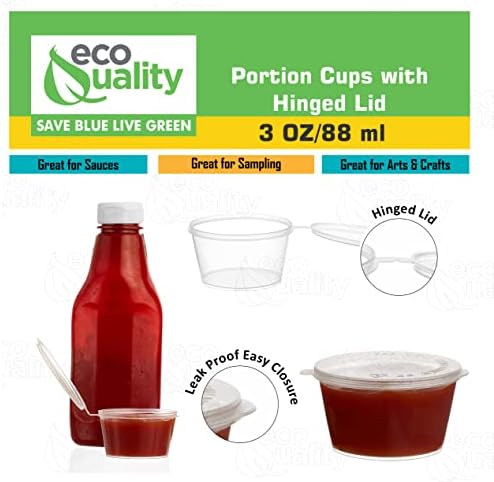 EcoQuality [300 PACK] 3 Oz Leak Proof Plastic Condiment Souffle Containers with Attached Lids - Portion Cup with Hinged Lid Perfect For Sauces, Samples, Slime, Jello Shot, Food Storage & More! - Image 3