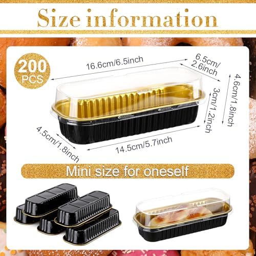 Qunclay 200 Pcs Aluminum Foil Mini Loaf Pans with Lids 6.8 oz Disposable Mini Cake Pan with Lid Rectangle Baking Cups for Party Muffin Cheesecake Ramekins(Black Gold) - Image 2