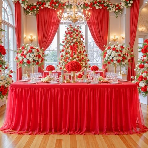 Suppromo 6 Pack 8ft Red Tulle Tablecloths for Rectangle Tables 8 Foot Red Rectangular Table Cloth Wrinkle Free Tablecover with Tutu Skirt for Baby Shower Wedding Birthday Party Banquet Buffet Cake - Image 2